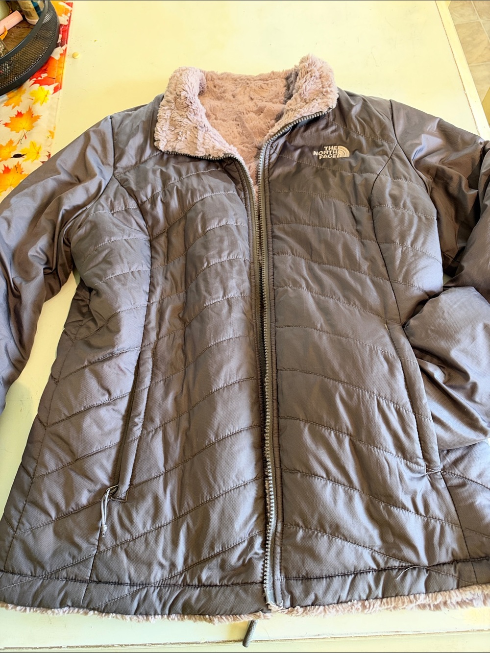The North Face Women's Taupe Reversible Faux-Shearling Puffer Jacket